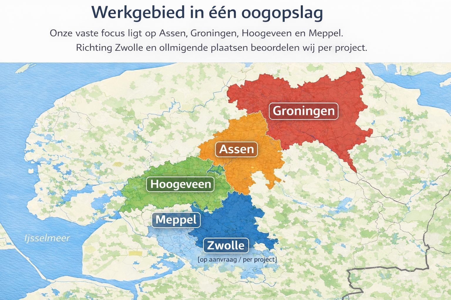 Kaart van het werkgebied van Op-Maat Kozijnen in Noord-Nederland