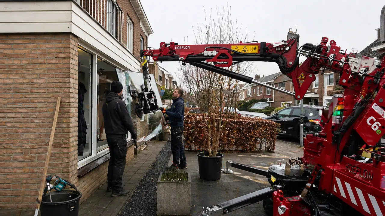 Plaatsing van een grote isolatieruit met glaszuiger en minikraan